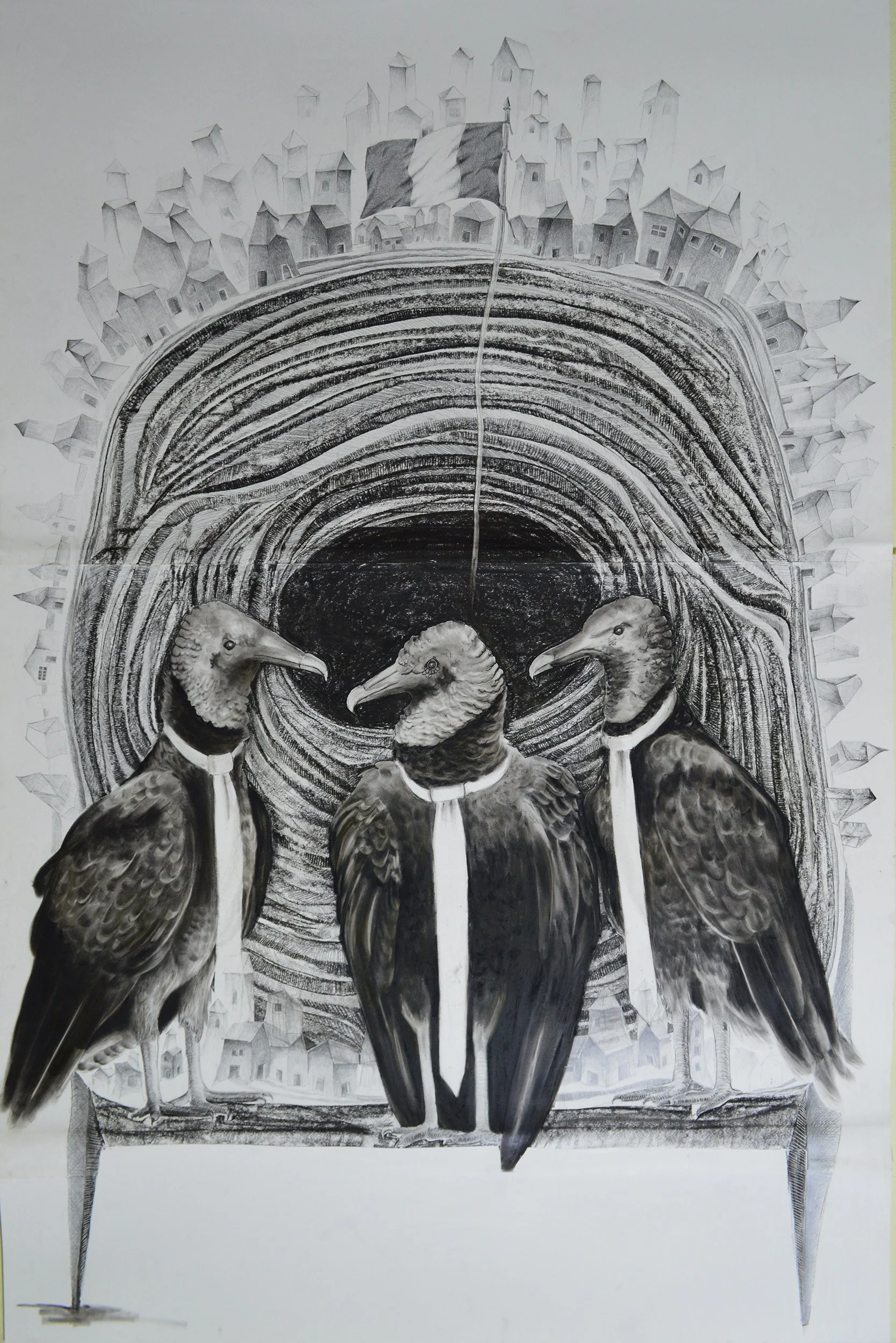 The three partners, 2022. Drawing with charcoal, pencil, chalk pastel on paper - 160x 100cm (63x39in)