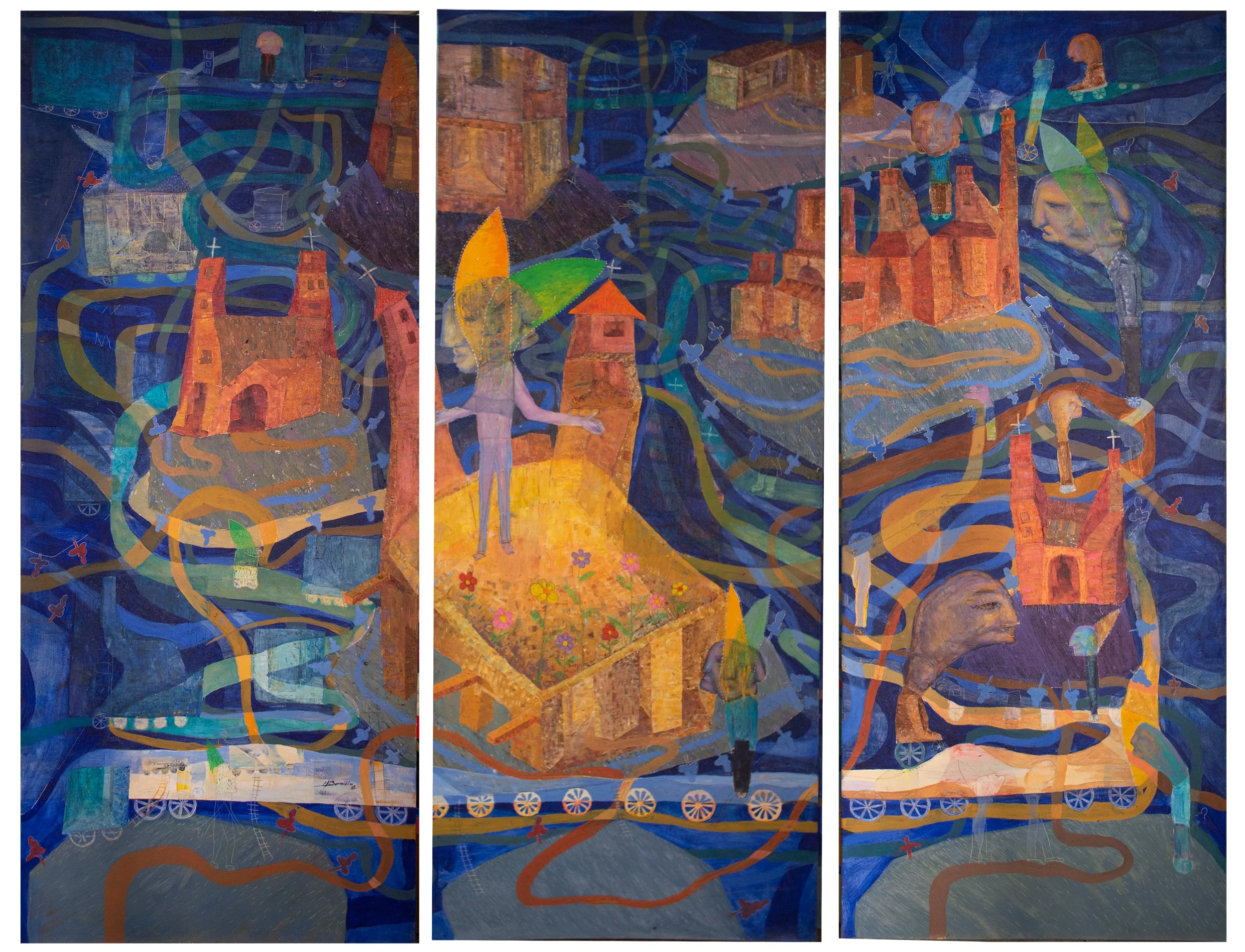 All roads lead there, 2007. Oil on canvas- 180x240 cm (70x94in) triptych.
