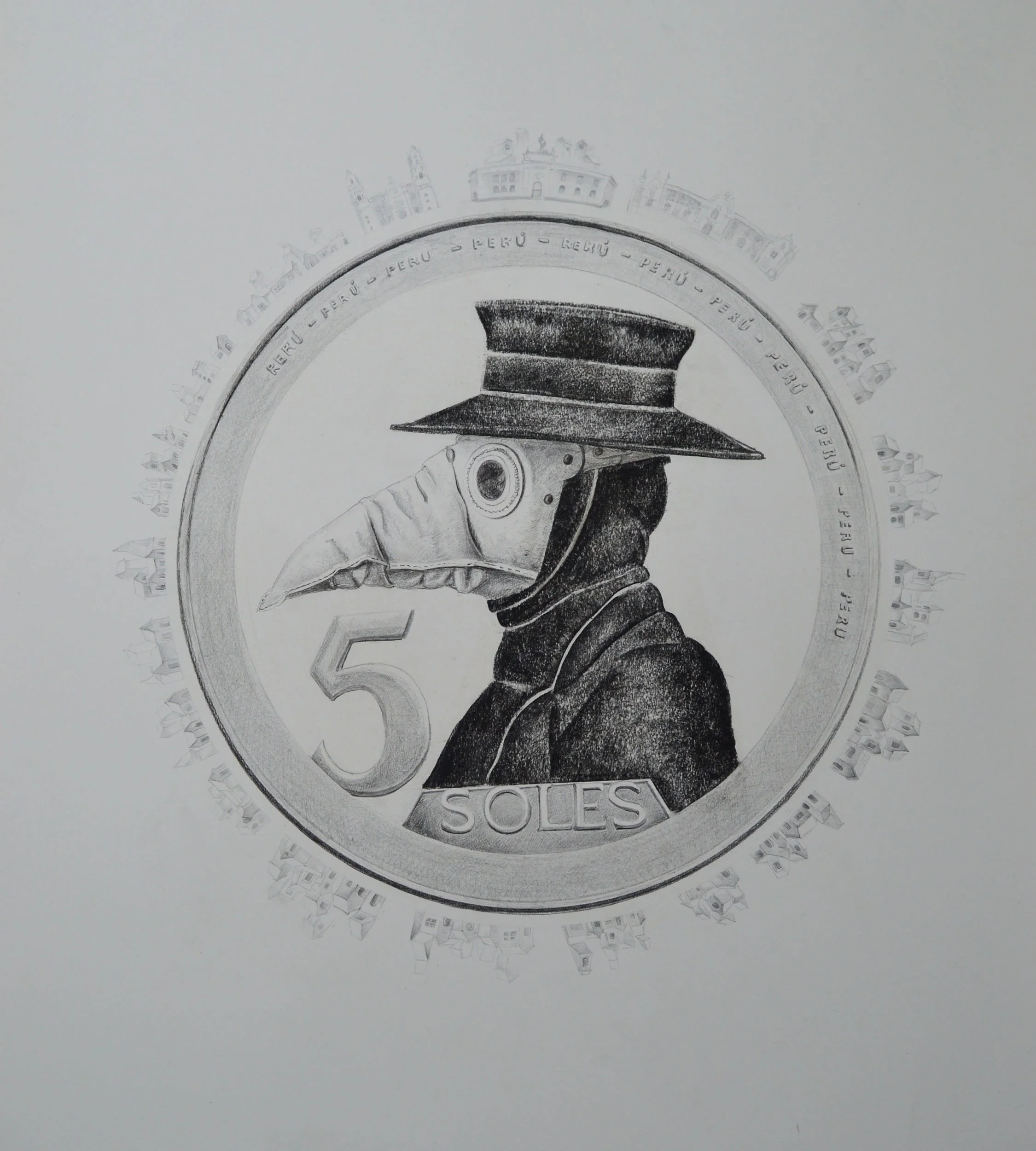 Coin of collection for the centenary celebrations, 2022. Drawing with charcoal, pencil, chalk pastel on paper. 100x 70cm (39x27in)