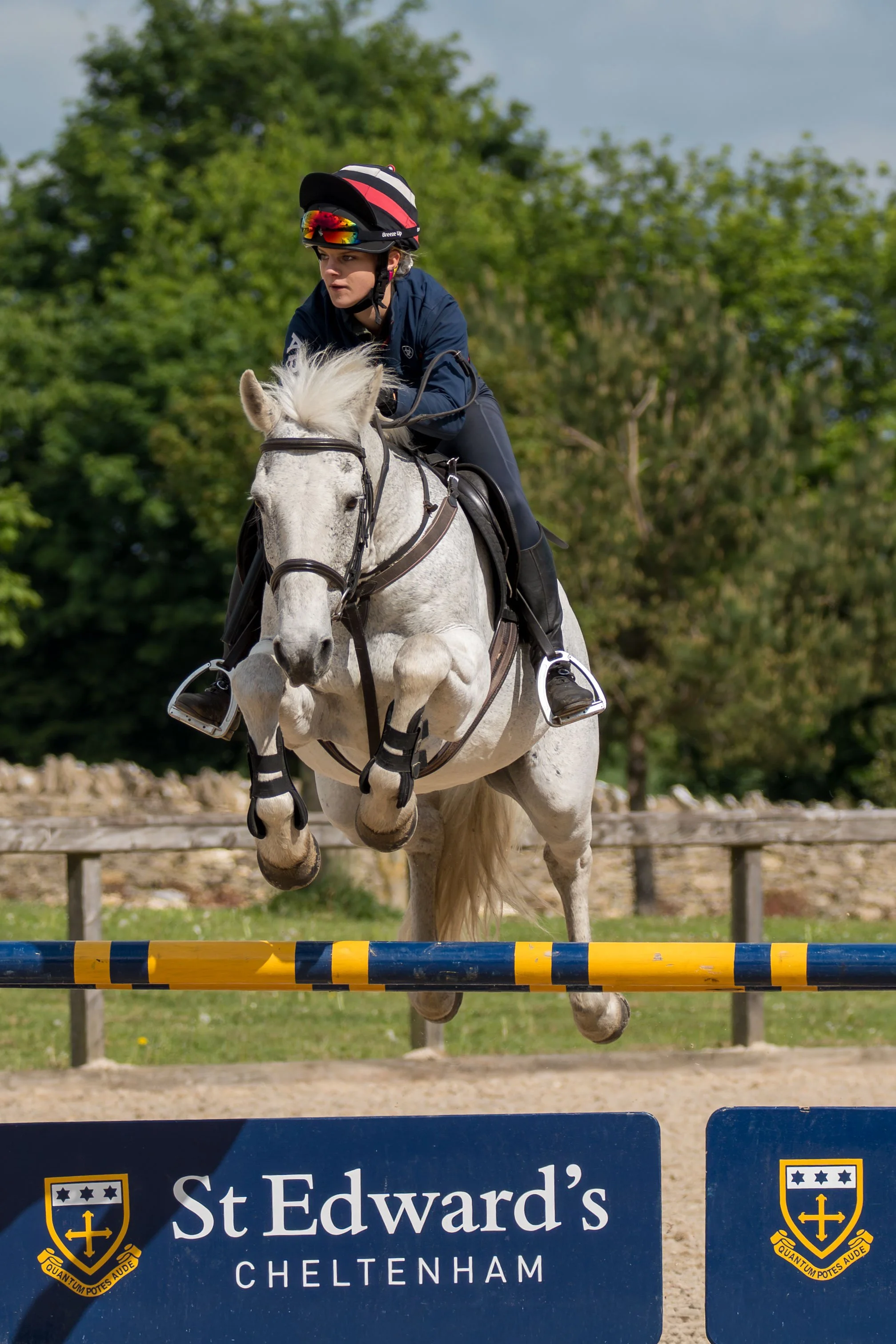 A person riding a white horse jumping over a yellow and blue obstacle during a show jumping event at St Edward's Cheltenham, with a sign in the foreground displaying the school's name and motto.