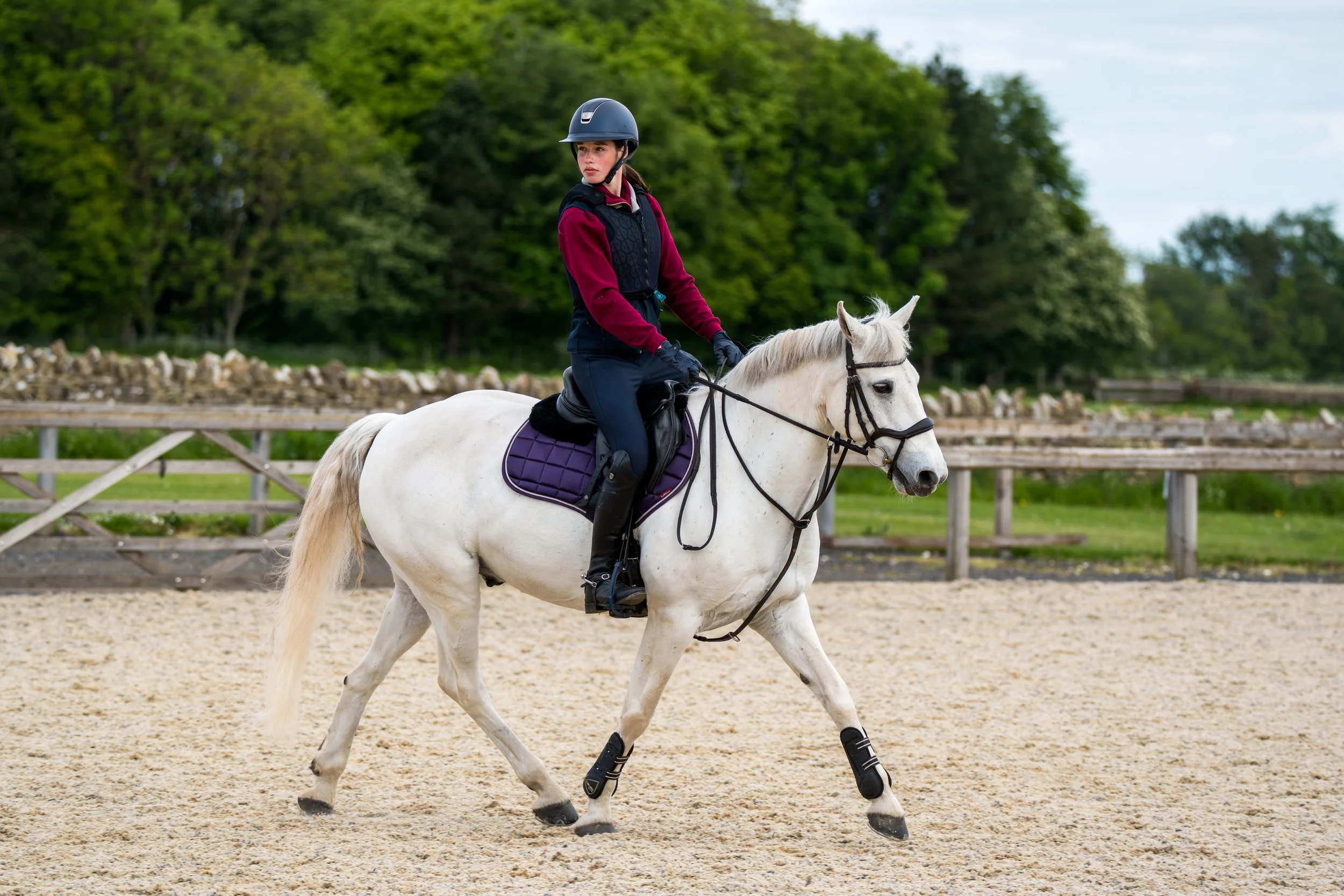 A young woman wearing a helmet and riding gear is riding a white horse on a sandy riding arena with green trees in the background.