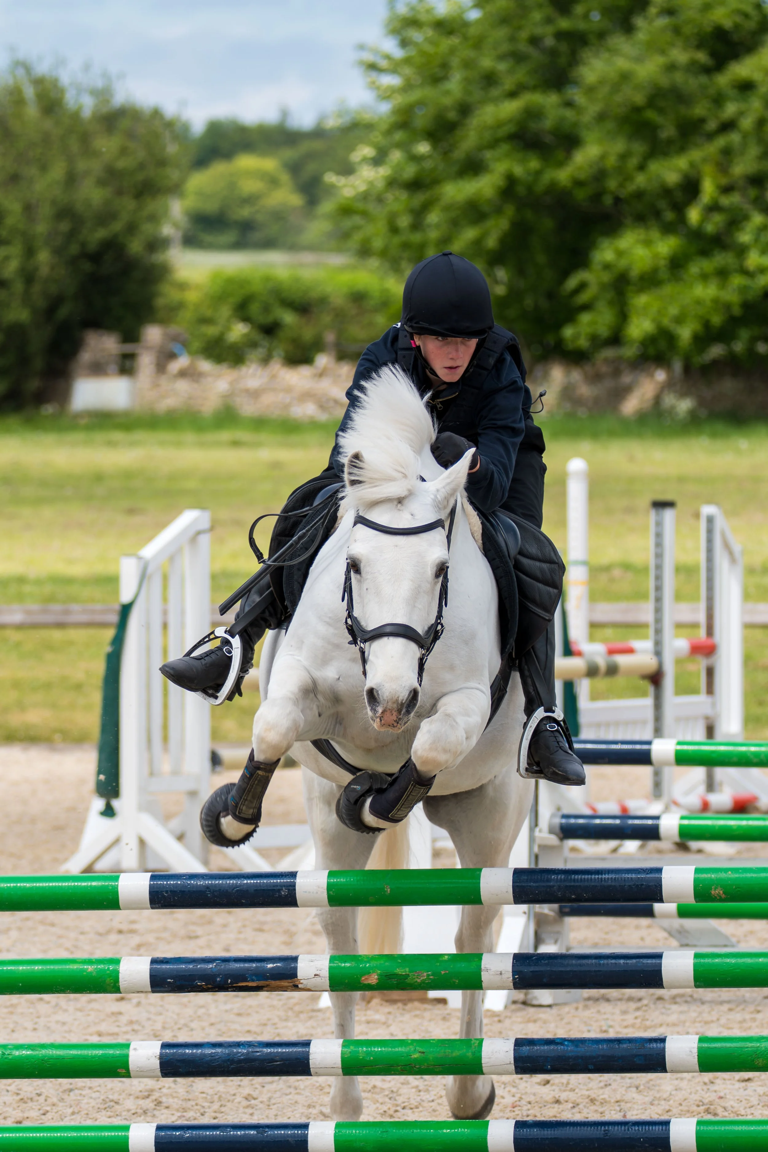 Person wearing a black helmet and jacket riding a white horse over colorful obstacle poles at an outdoor equestrian jumping course. The background features greenery and trees.