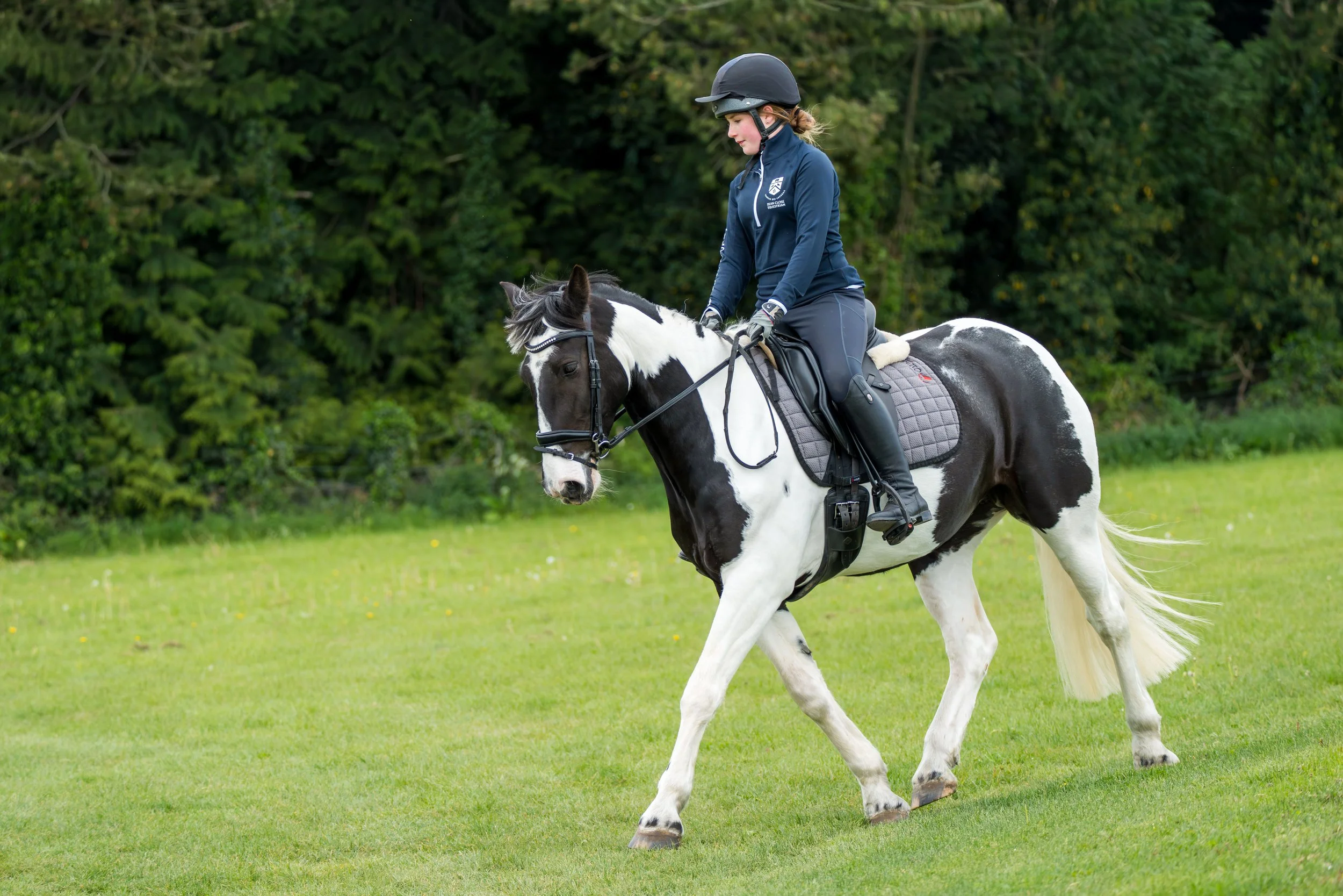 A young woman riding a black and white pinto horse on a grassy field with trees in the background.