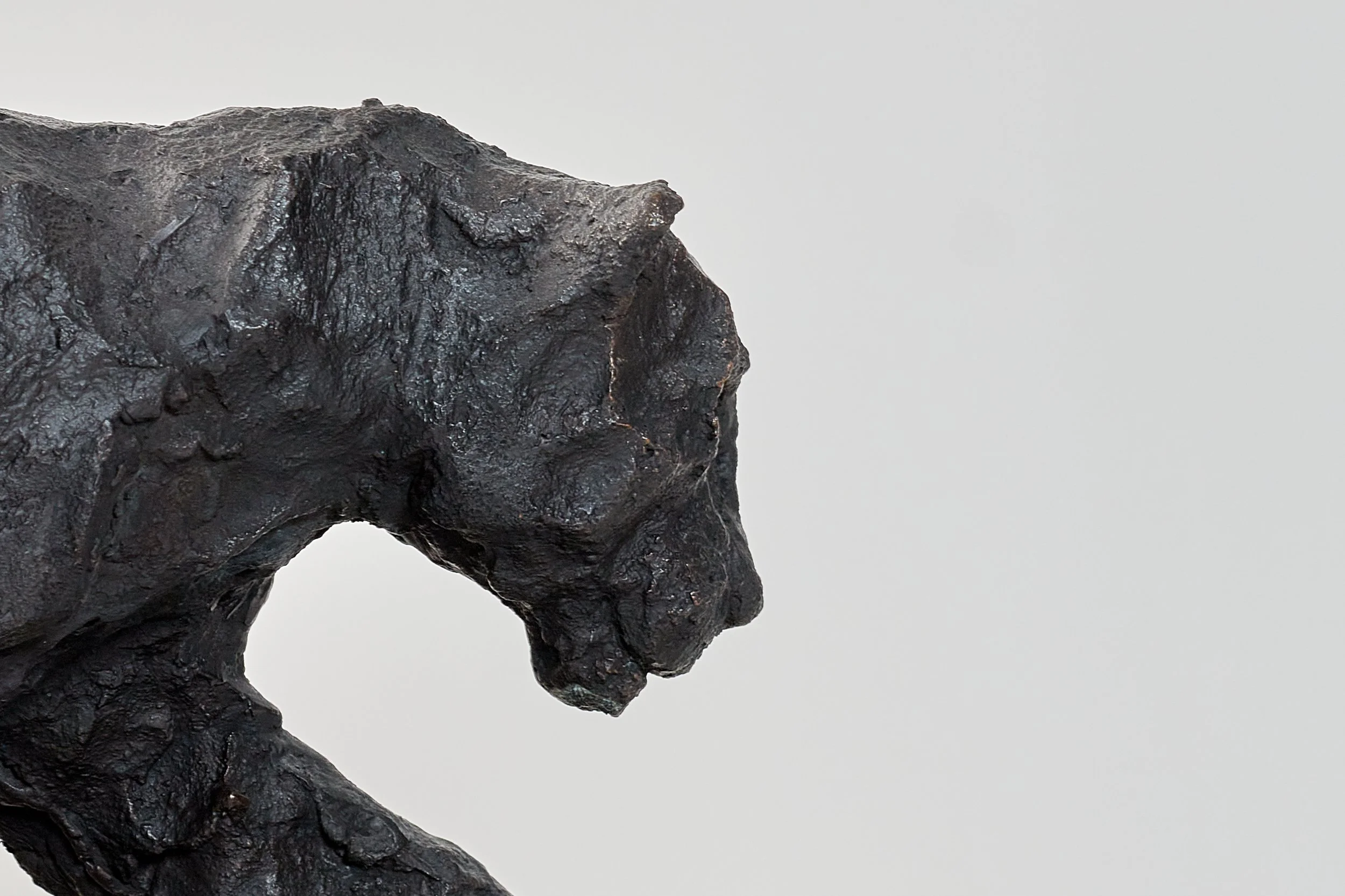 Ausdrucksstarke Nahaufnahme eines modellierten Kopfes eines Panthers aus Bronze