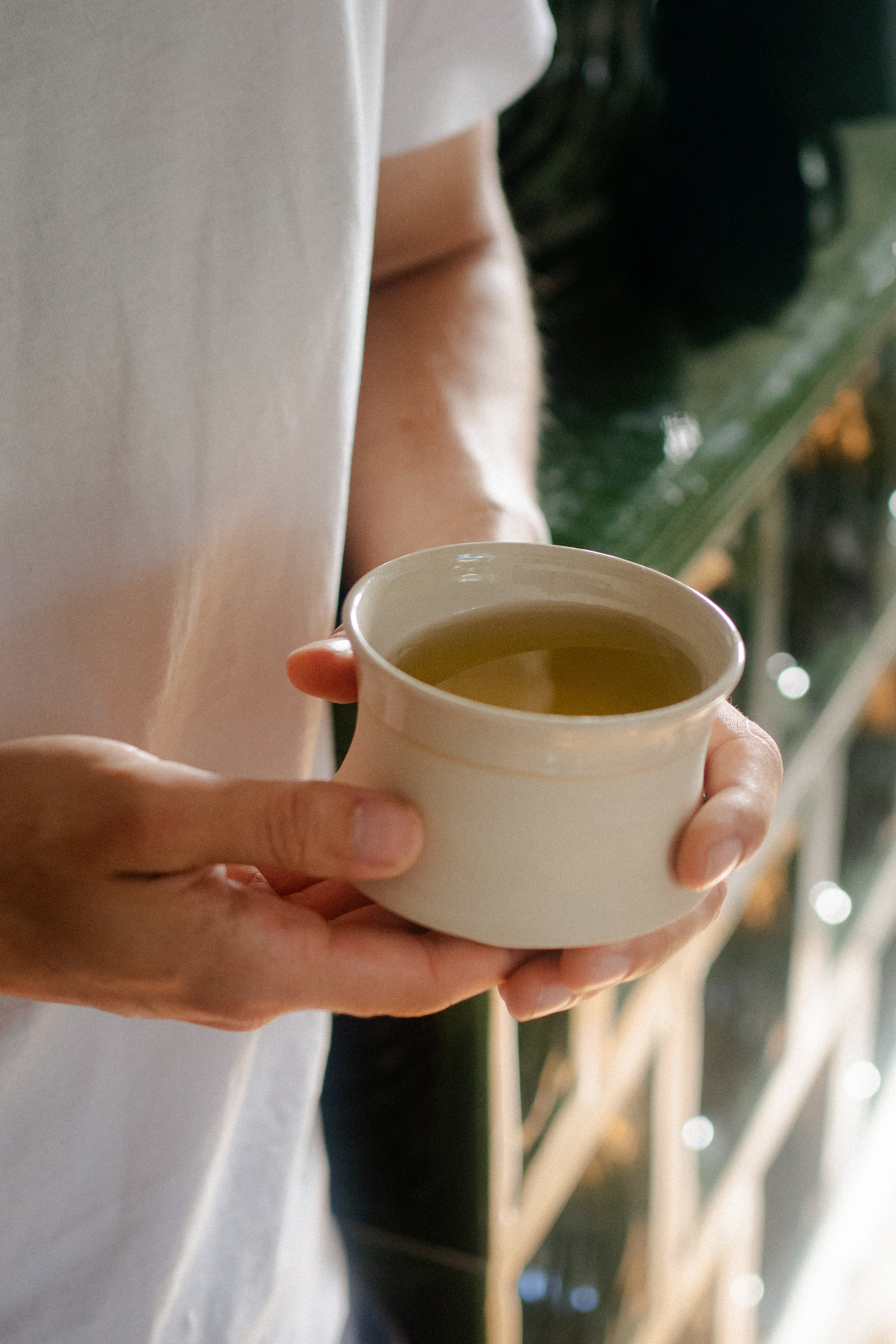 Person hält Teetasse in der Hand, gefüllt mit heissem Tee.
