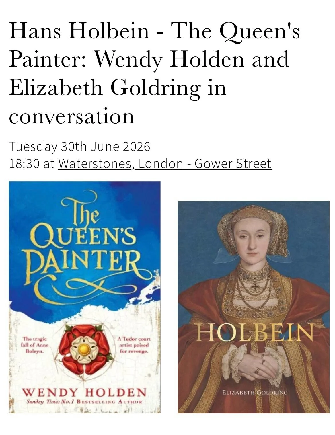 I can&rsquo;t wait to read &lsquo;The Queen&rsquo;s Painter&rsquo;, the latest novel from @wendyholdenauthor

It&rsquo;s a new take on the rise and fall of Anne Boleyn, told from the perspective of court artist Hans Holbein. 

&lsquo;The Queen&rsquo;