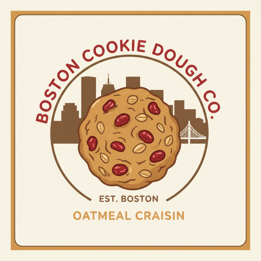 A circular logo featuring a cookie with red and beige toppings, a Boston city skyline in the background, and text reading 'Boston Cookie Dough Co.', 'Est. Boston', and 'Oatmeal Craisin'.