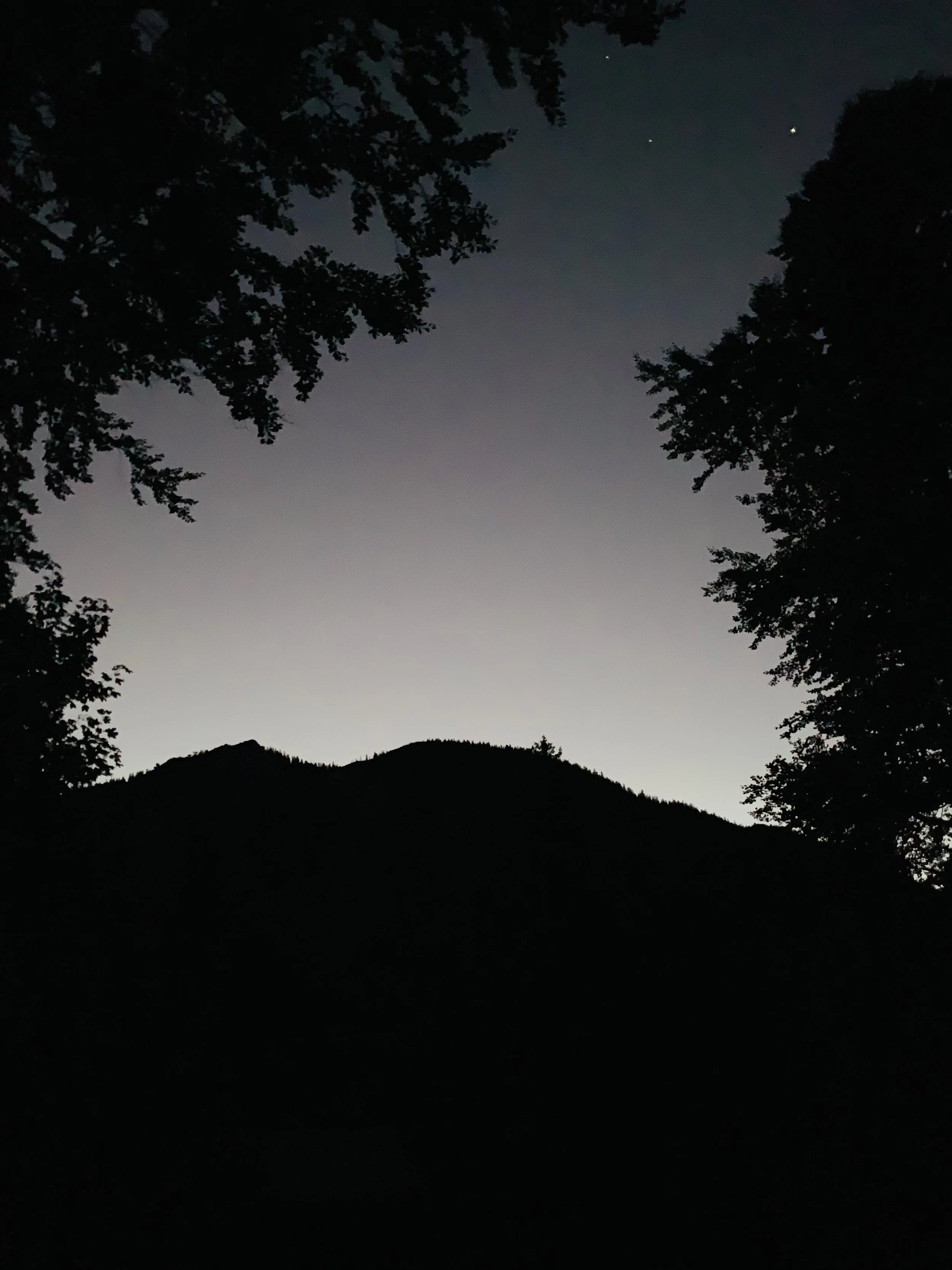 Nachtaufnahme eines Berges mit dunklen Silhouetten von Bäumen an den Seiten und einem dunklen Himmel mit einigen Sternen