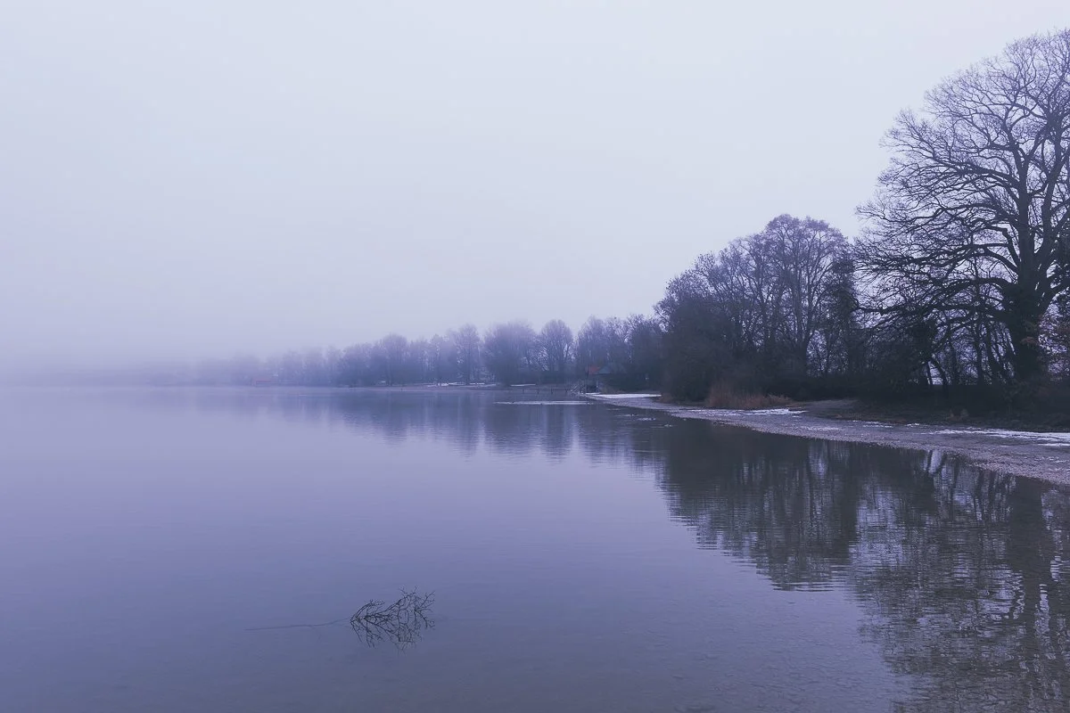 Ein ruhiger Fluss mit spiegelnder Wasseroberfläche, umgeben von winterlichen Bäumen ohne Blätter, an einem bewölkten Tag.