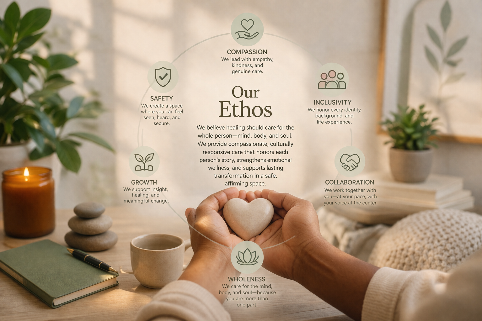 A hand holding a heart-shaped stone in front of a circular infographic titled 'Our Ethos,' which lists principles such as compassion, safety, growth, wholeness, inclusivity, and collaboration, surrounded by a cozy setting with candles, a notebook, a cup of tea, plants, and stacked stones.