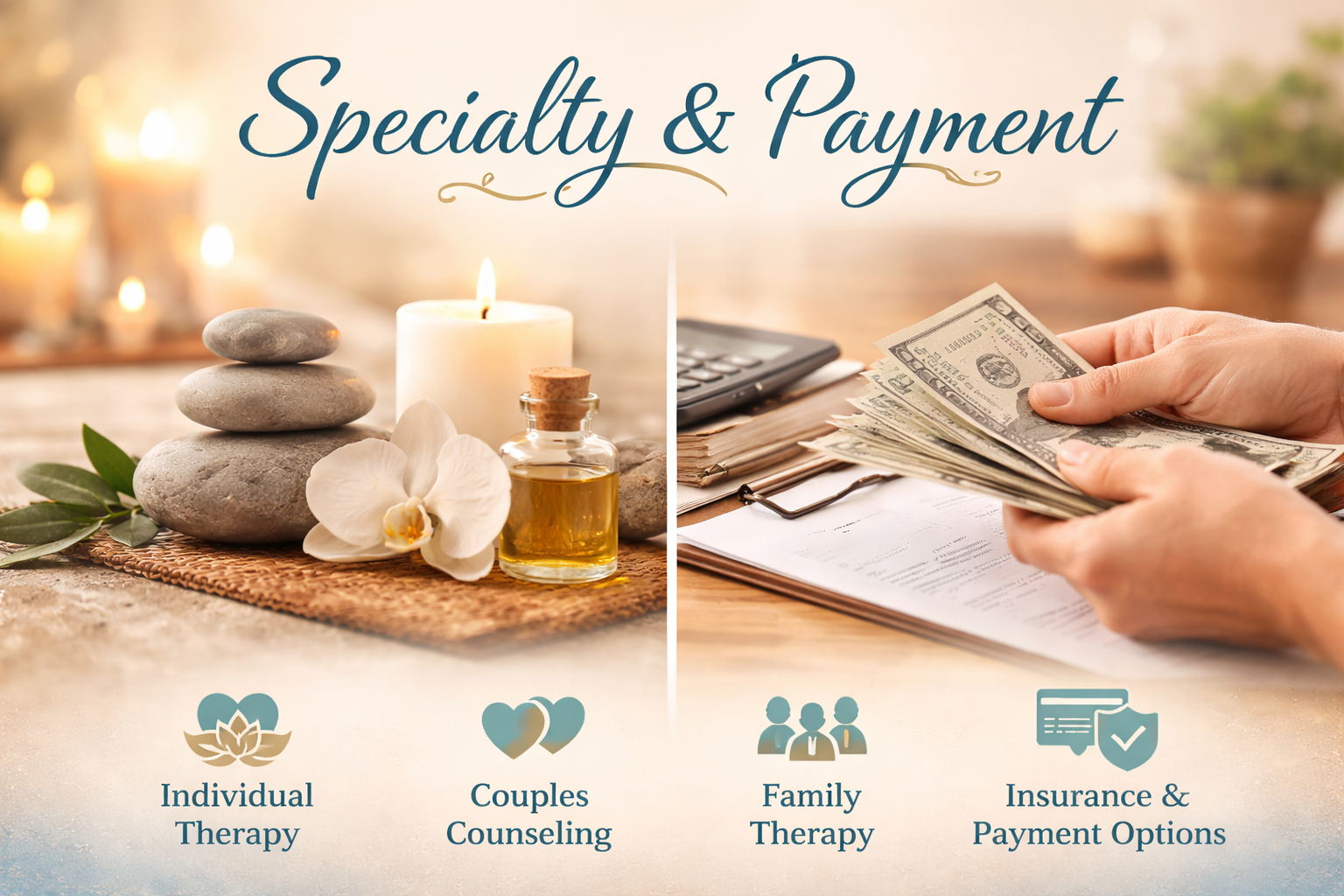 Division of therapy services and payment options for a wellness center. The left side shows stones, candle, essential oil, and flower, with icons and texts for 'Individual Therapy,' 'Couples Counseling,' and 'Family Therapy.' The right side shows hands counting cash over documents with icons and text for 'Insurance & Payment Options.'