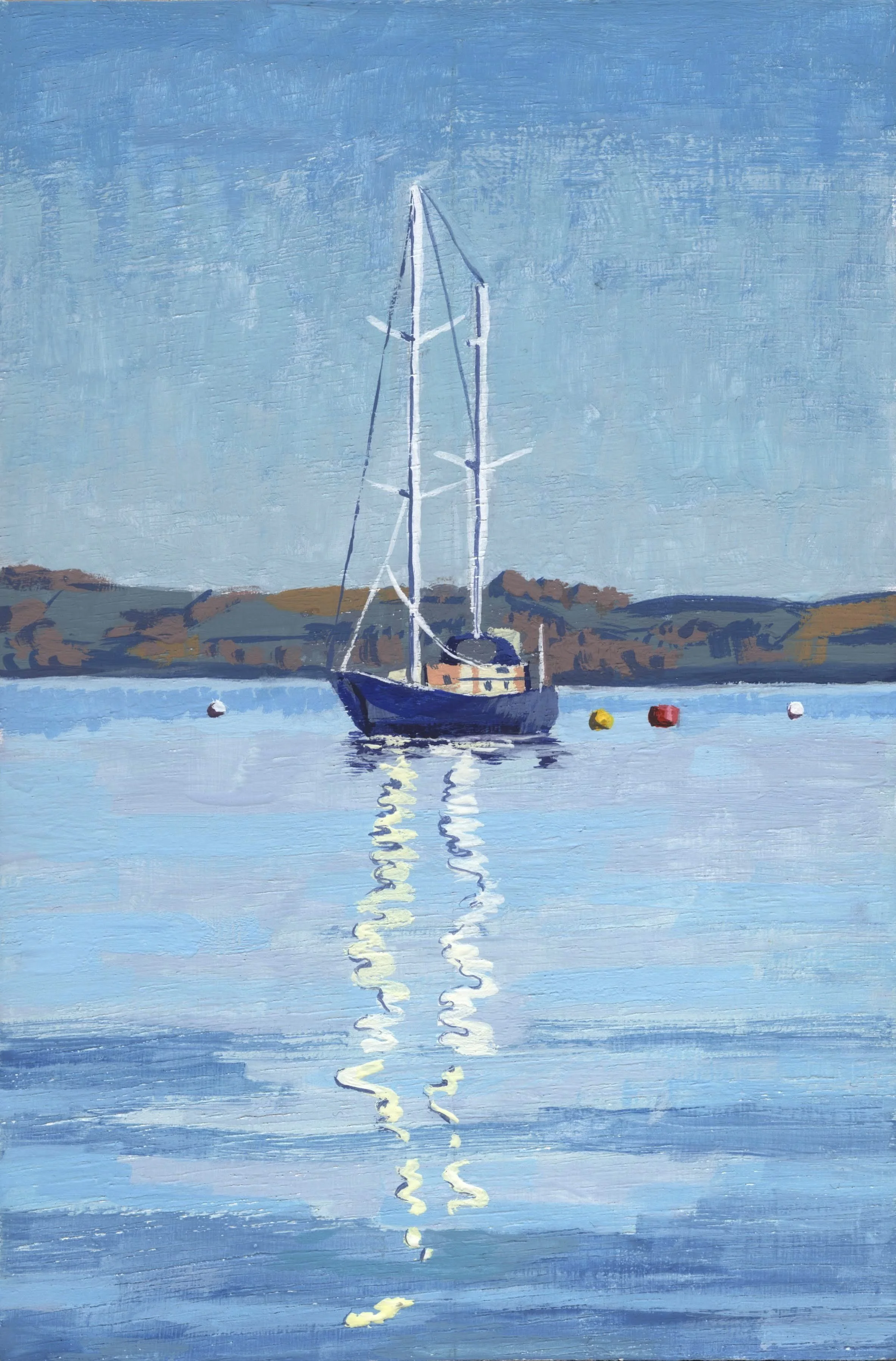 Blue boat in Falmouth Harbour.
Gouache painting on wood panel.
4 x 6 inches.