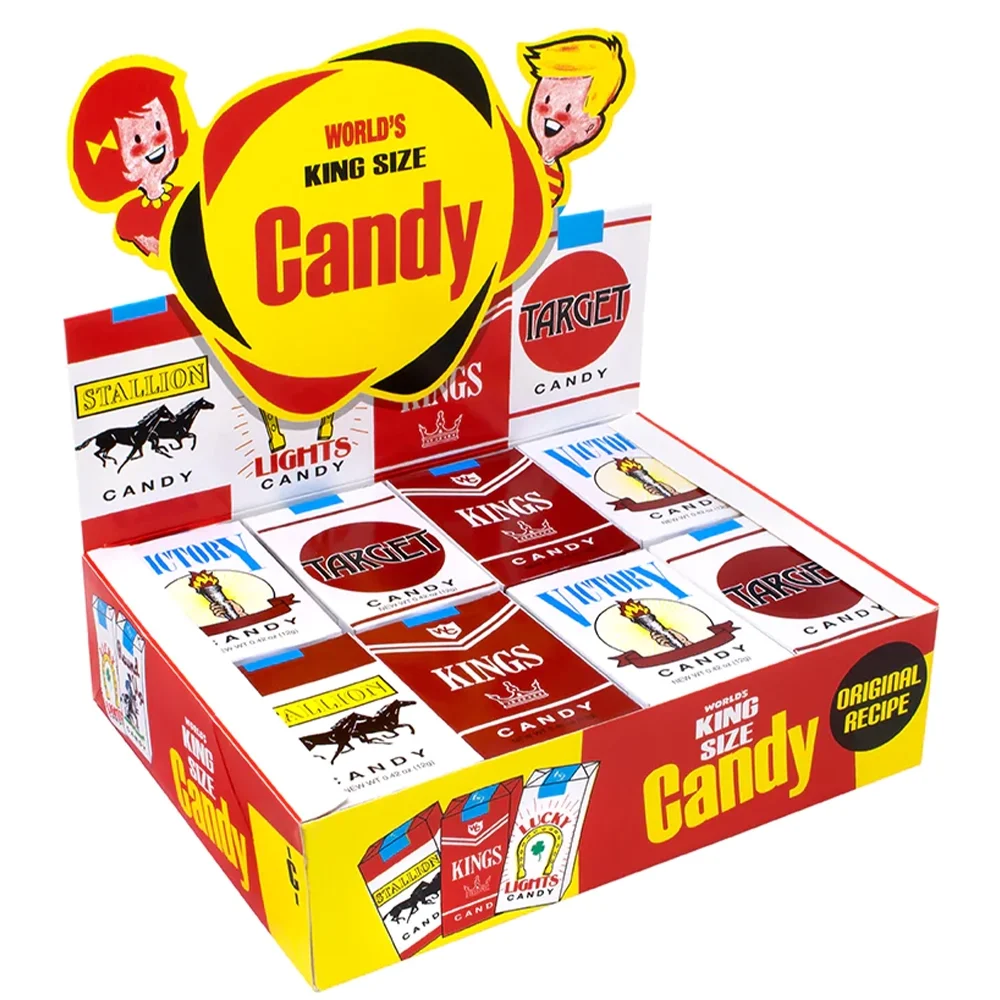 A colorful display box of candy in vintage-style packaging with labels that read 'King Size Candy,' 'Target Candy,' 'Lights Candy,' 'Stallion Candy,' and 'Victory Candy,' featuring illustrations of a horse, a crown, and a torch.