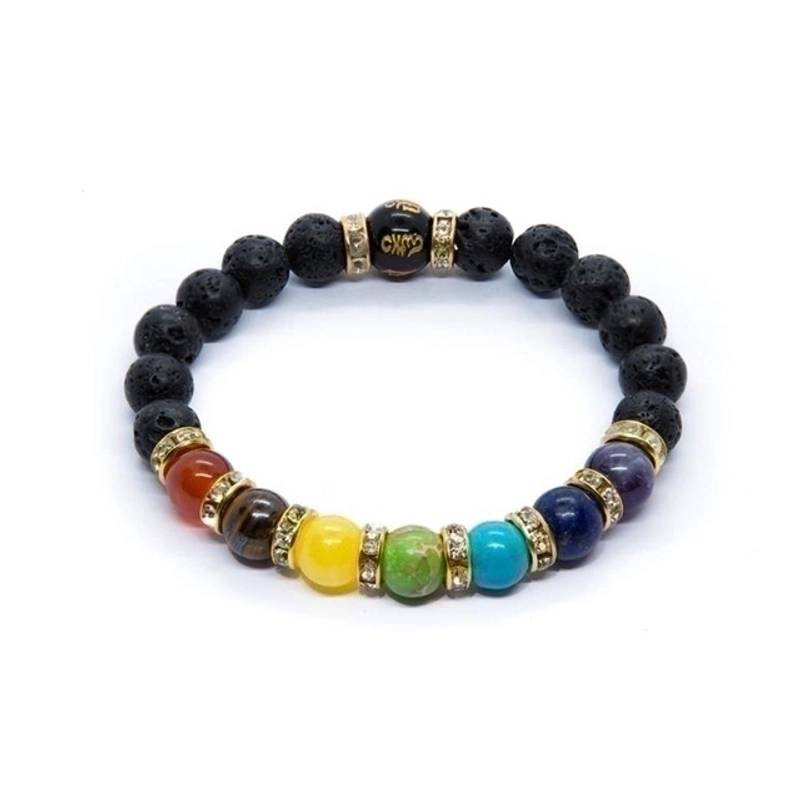 Seven Chakra Black Lava Bracelet With Gold Spacers