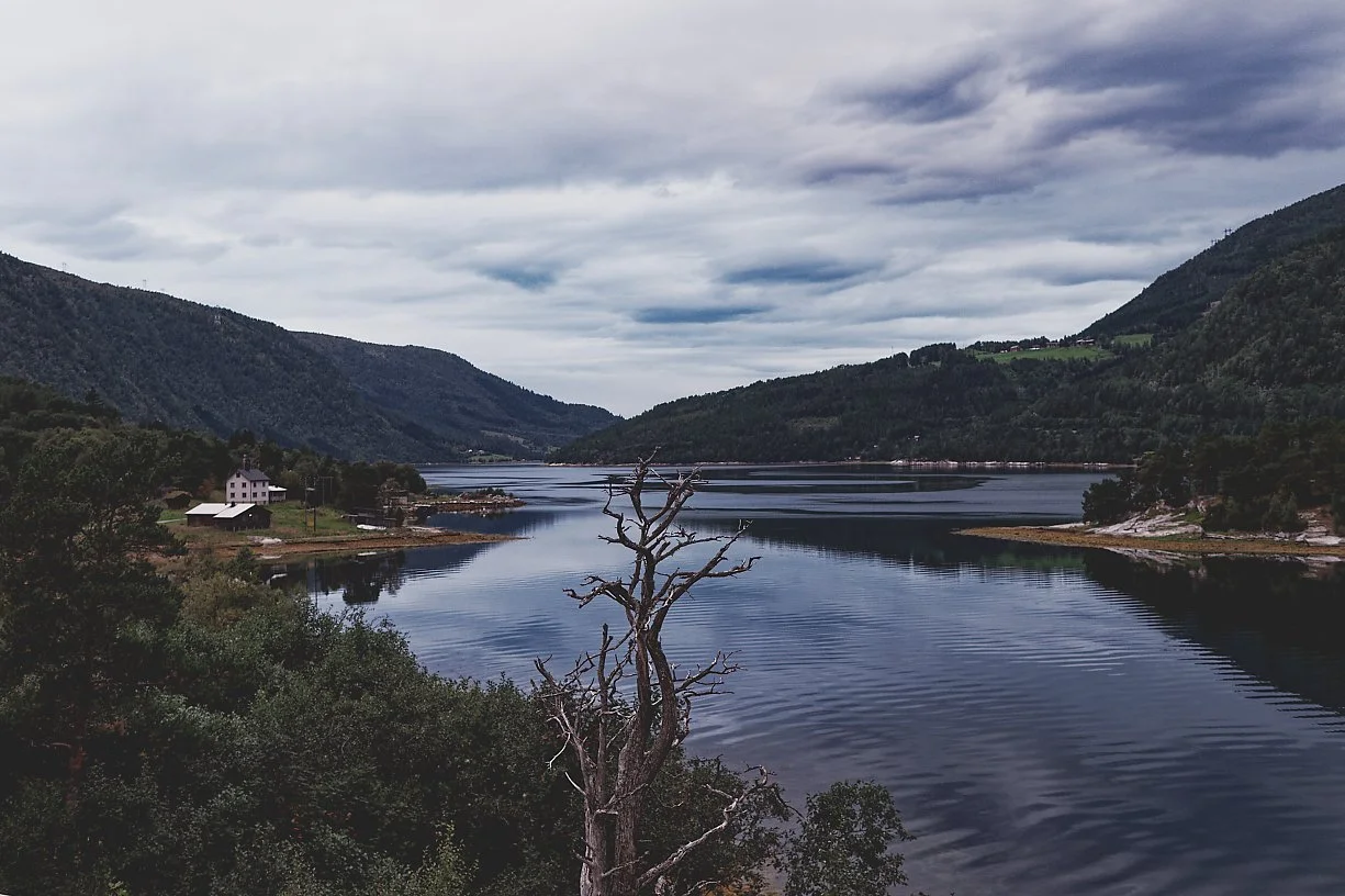Bergslette med vann, trær, hus, og en overskyet himmel i Norge.