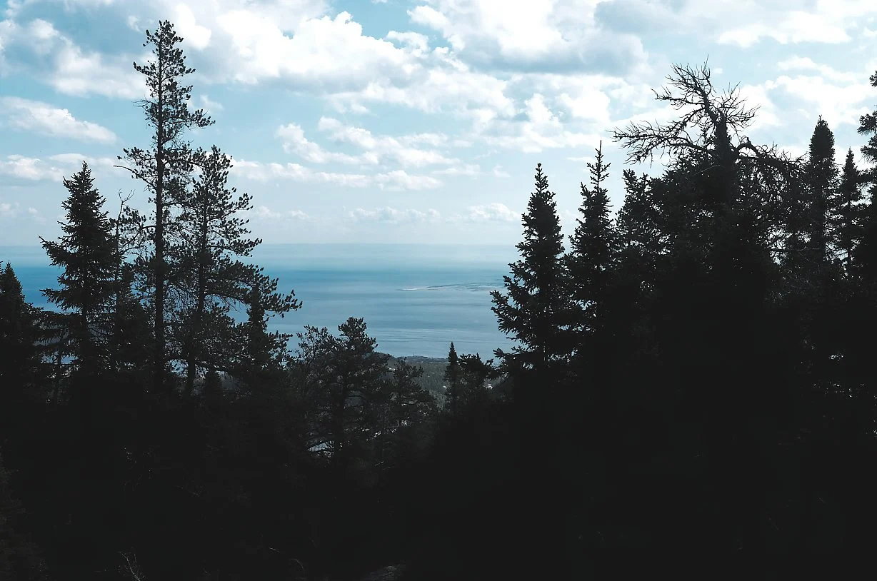 Fjell, trær og sjø sett fra en høytliggende skogkledt plass under en blå himmel med spredte skyer.