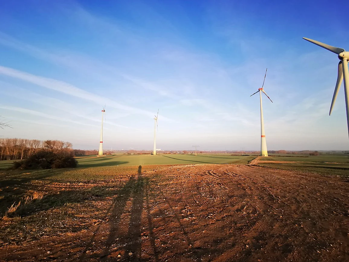 A rural field with four wind turbines under a clear blue sky, with a shadow of a person and a dirt path in the foreground.