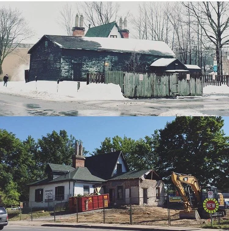 Before and after images of a house undergoing renovation. The top photo shows a weathered, dark-colored house with a snow-covered yard in winter. The bottom photo shows the same house during renovation, with new siding, construction equipment, and a construction sign, in a green, leafy setting.