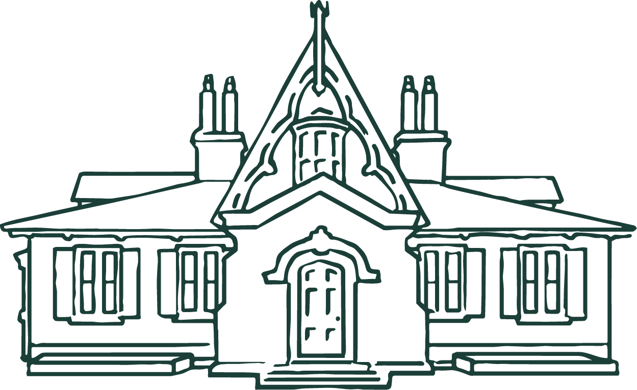 Outline drawing of a large Victorian-style house with a steep gabled roof, multiple chimneys, and decorative architectural details.