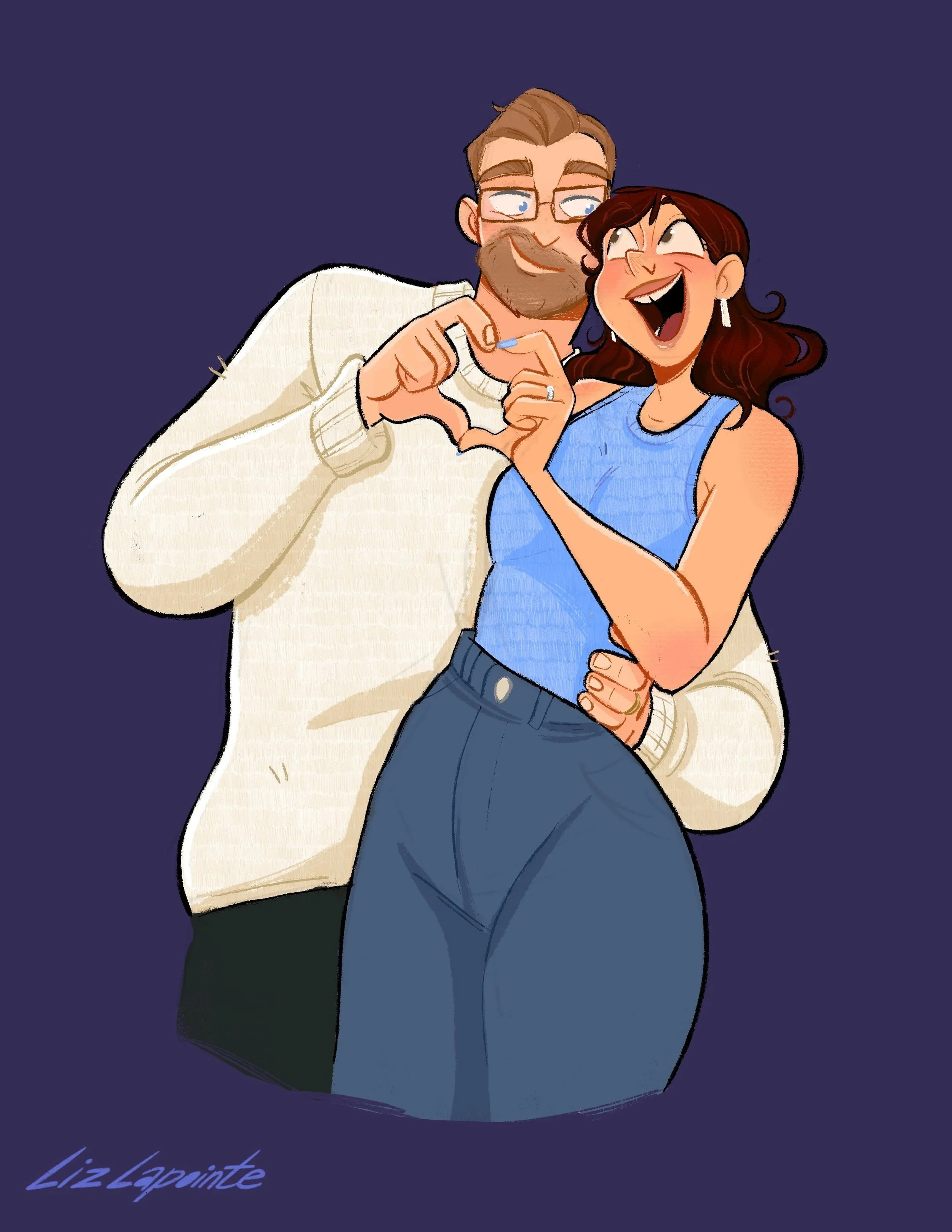 A cartoon couple making a heart shape with their hands, smiling and looking at each other, against a dark blue background.