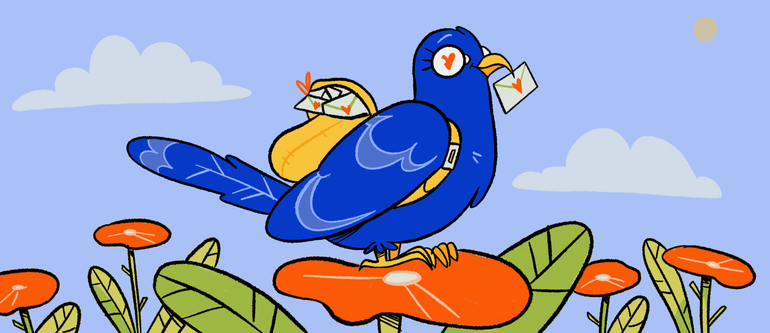 Animated illustration of a pigeon with his mail, illustration used for my patreon tier badge