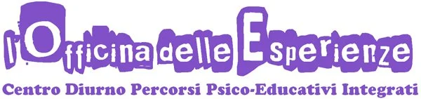 Logo dell'Officina delle Esperienze, Centro Diurno Percorsi Psico-Educativi Integrati, con testo in viola e bianco.