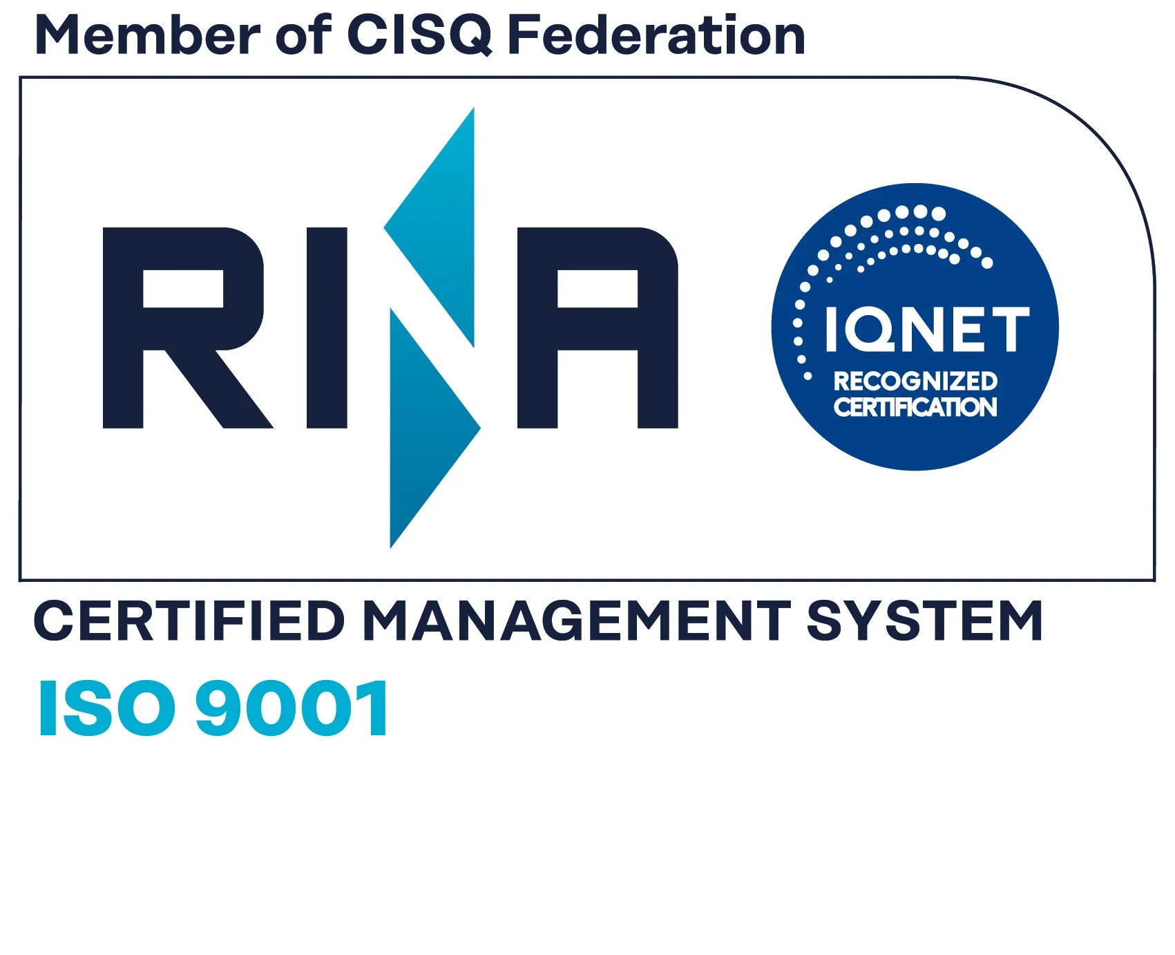 Logo di RINA con la certificazione IONET riconosciuta, indica un sistema di gestione certificato ISO 9001.