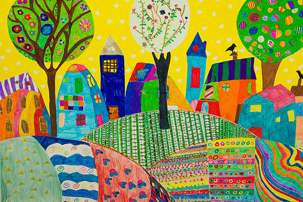 Paesaggio colorato con alberi e case stilizzate, dipinto con stile astratto e vivaci colori