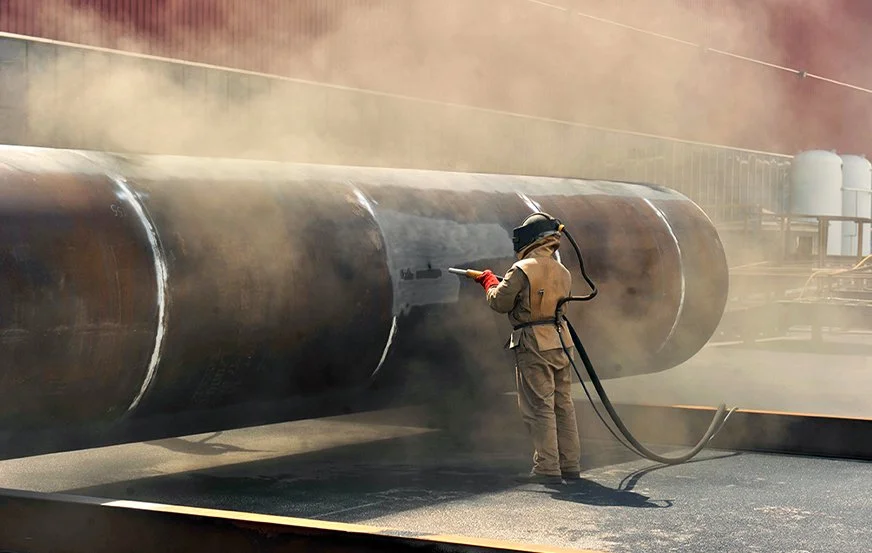 Worker in safety gear cleaning large industrial pipe with a high-pressure water hose.