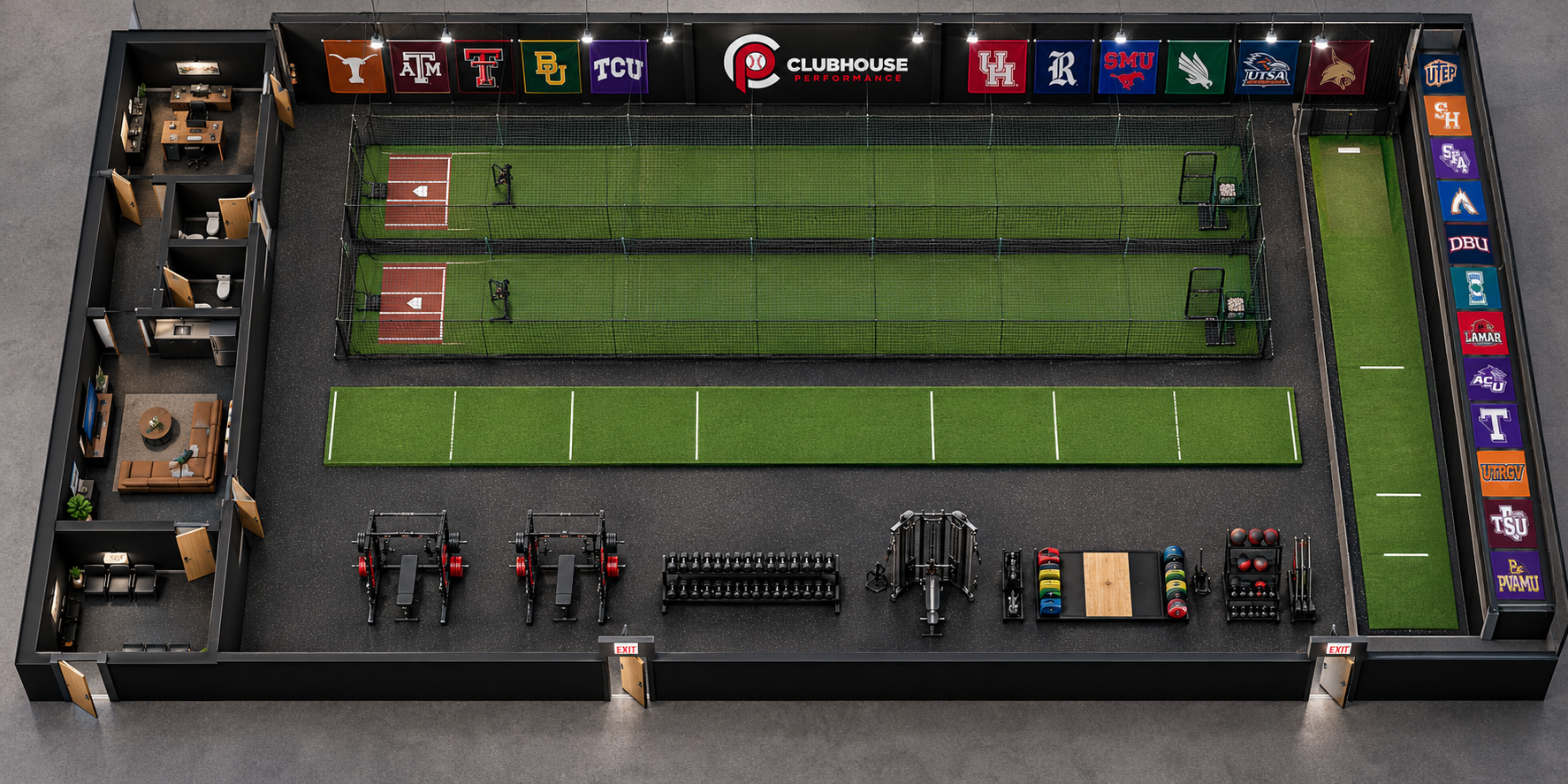 3D render of the Clubhouse Performance facility from above: two 80-ft batting cages, an 80-ft turf strip, weight room, bullpen, player lounge, waiting room and office