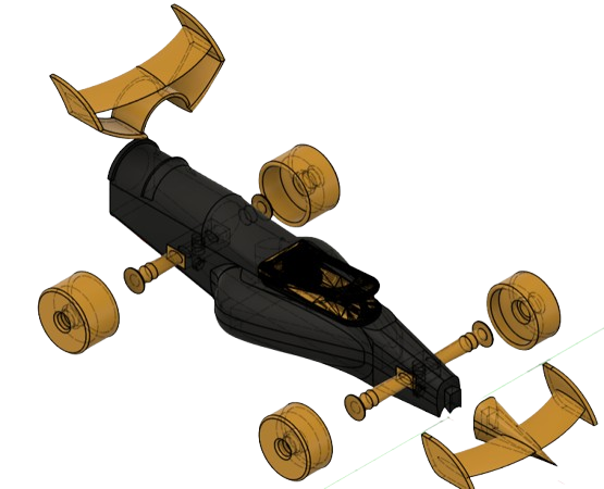 A black race car with golden wheels and wing spoilers, viewed from above.