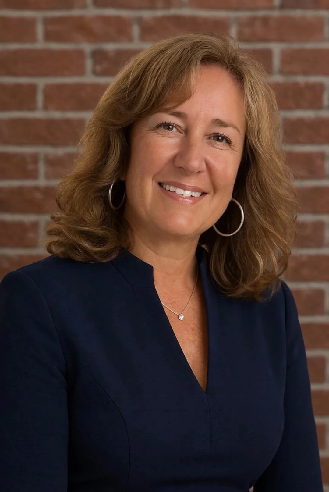 A woman with shoulder-length brown hair smiling, wearing hoop earrings and a navy blue blazer, with a brick wall in the background.