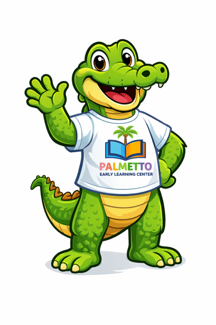 Cartoon crocodile mascot wearing a white T-shirt with a palm tree and book logo, waving, against a white background.