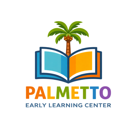 Logo with an open book and a palm tree on top, and colorful text below that reads "Palm Beach School District".