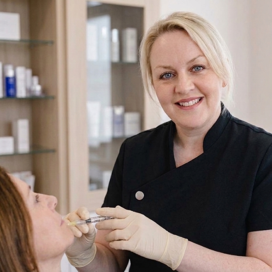 A woman in black medical scrubs and gloves administering a cosmetic injection to a woman lying down, in a professional clinic setting.