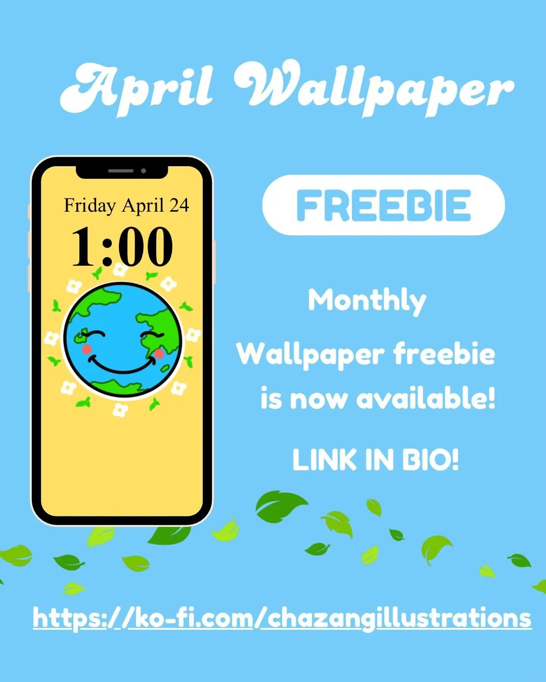 🌎 Happy Friday! 🌎
.
.
.
Get your FREE April wallpaper&rsquo;s today! 
Perfect for phones, tablets, and computers. 
.
.
.
📥 Download here: https://ko-fi.com/chazangillustrations
.
.
.
#chazangillustrations #phonewallpapers #laptopwallpaper #earthda