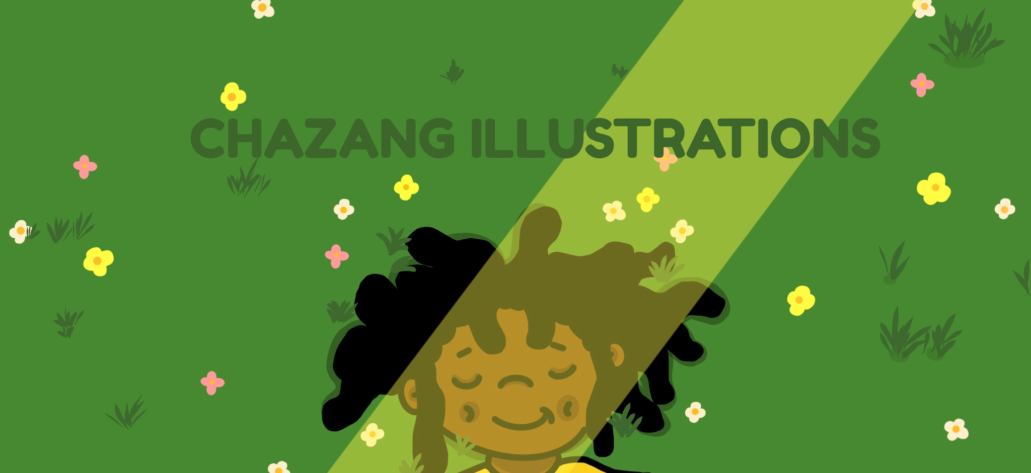 Split-screen illustration of a smiling girl with black curly hair on a grassy field with small pink and yellow flowers, with the words 'ChaZang Illustrations' in bold dark green letters across the center.