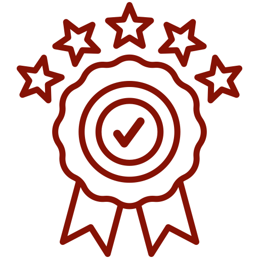 Icône représentant une médaille avec cinq étoiles et une coche au centre, symbolisant la qualité ou la certification.