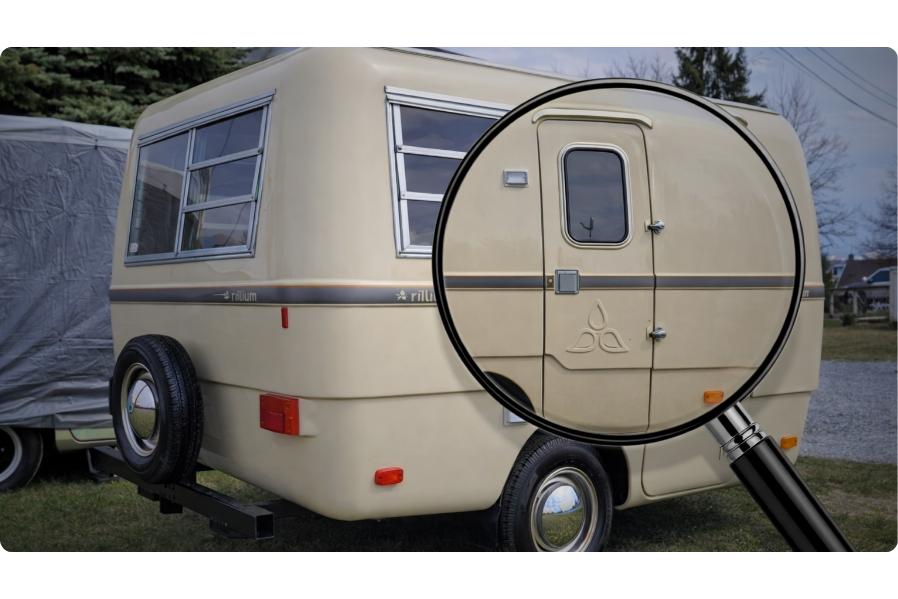 Une caravane beige avec des fenêtres à cadre en aluminium et une roue de secours visible, stationnée sur une pelouse avec d'autres véhicules en arrière-plan, un arbre et des câbles électriques dans un ciel nuageux.