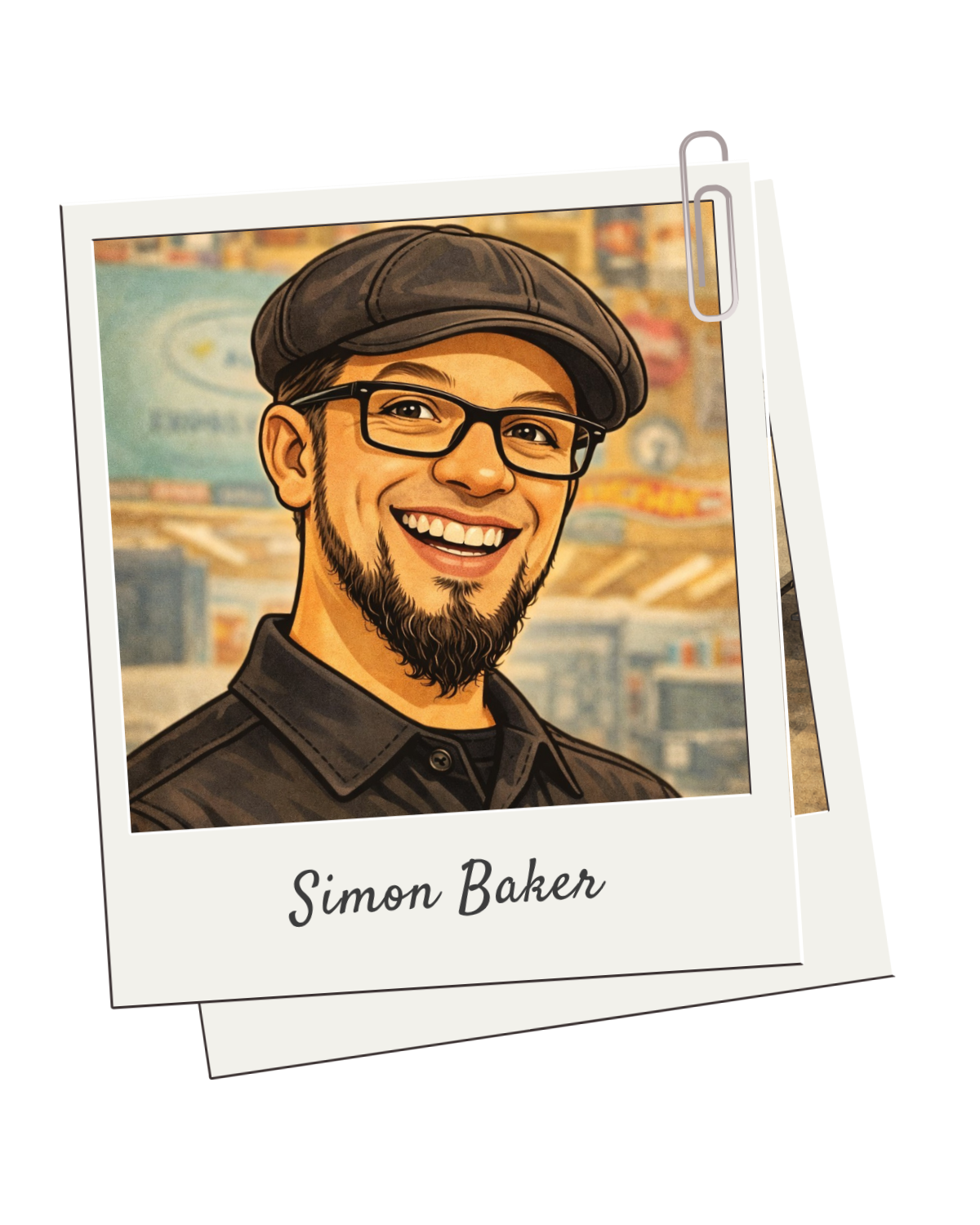 Photo illustrée d'un homme souriant portant des lunettes et un chapeau, avec le nom 'Simon Baker' écrit en dessous.