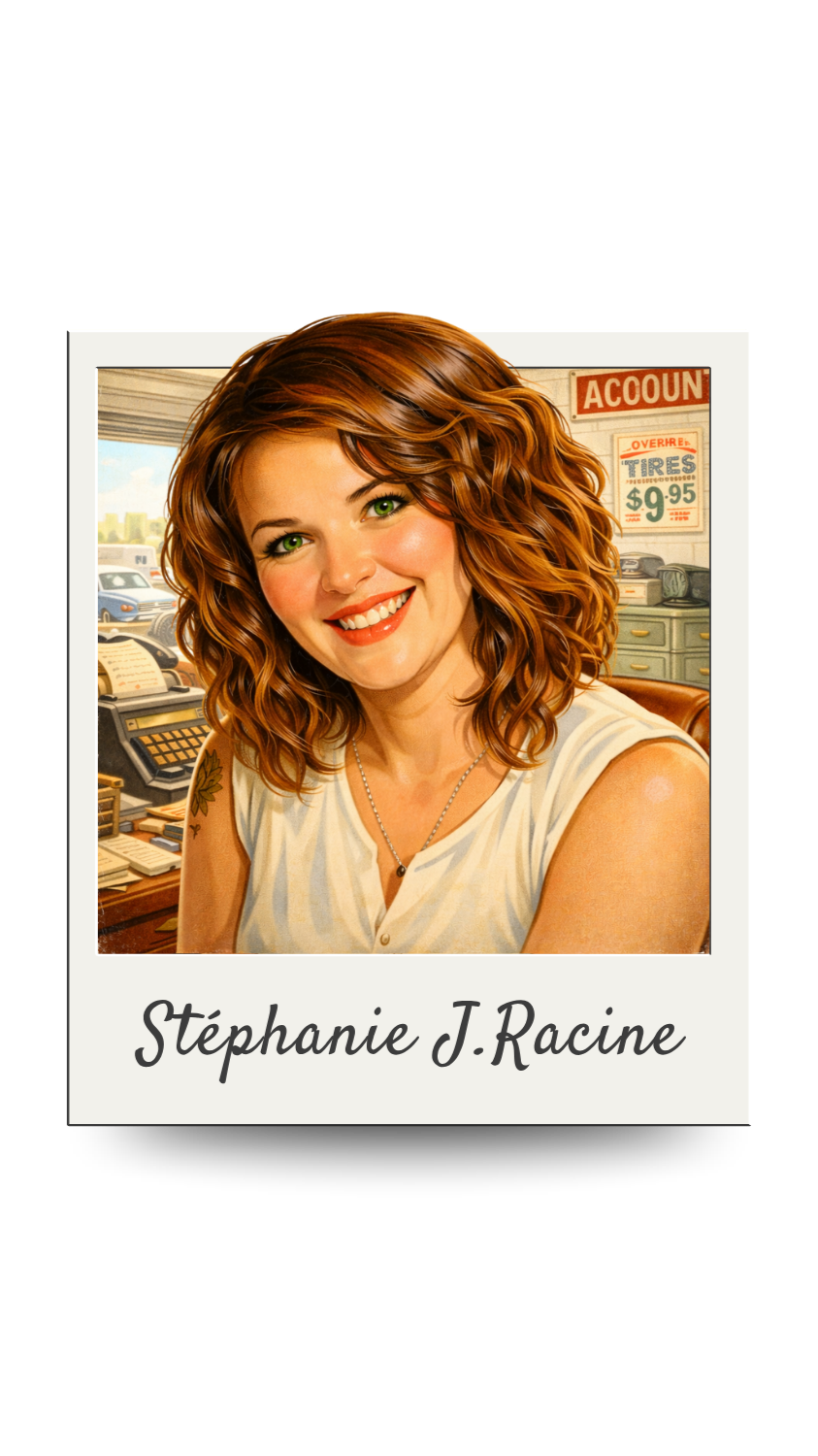 Portrait d'une femme avec des cheveux roux bouclés et un sourire, portant un collier, dans un décor de station-service avec une caisse et des affiches de prix de pneus en arrière-plan, et le nom Stéphanie J. Racine écrit en dessous.
