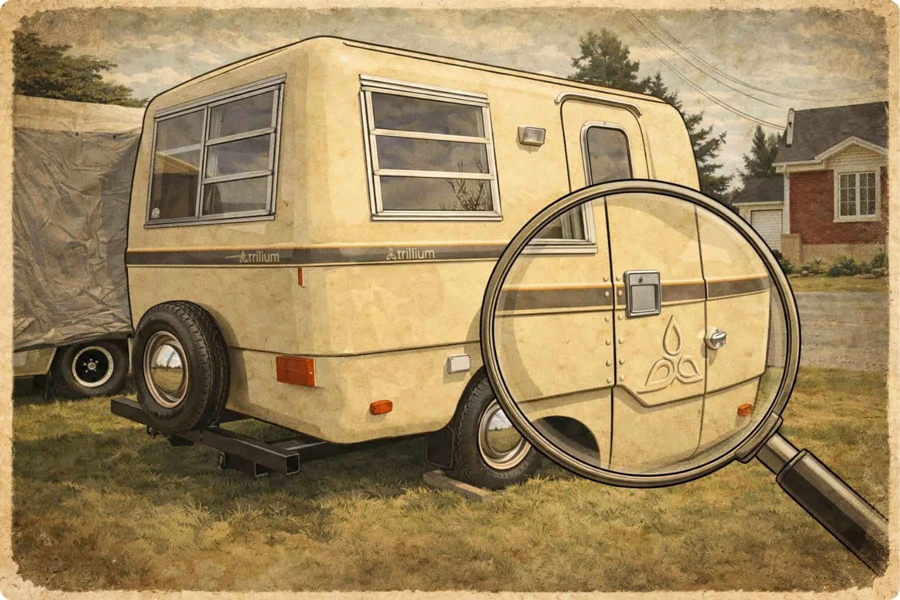 Une caravane beige stationnée sur une pelouse, avec un gros cercle de loupe sur la porte arrière, dans un cadre résidentiel avec une maison en arrière-plan.