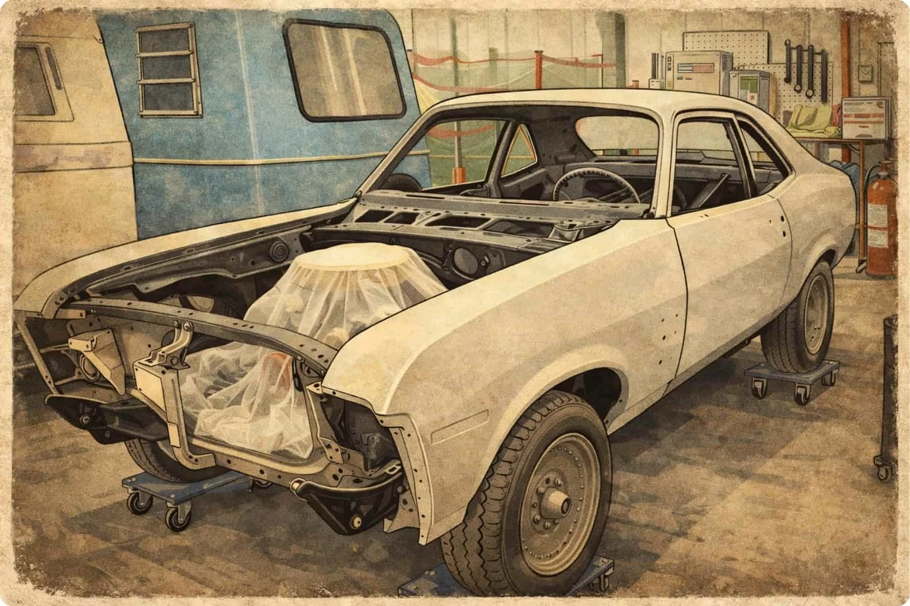Une voiture vintage  dans un atelier, avec l'avant de la carrosserie sans pare-chocs, exposant le moteur et le cadre, entourée d'outils et d'équipements de mécanique.