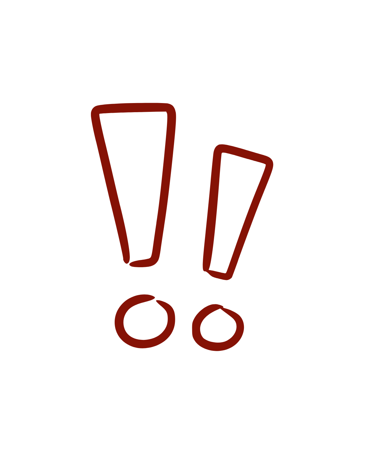 Une illustration simple avec un fond noir, représentant deux exclamations en rouge et des petits cercles rouges en dessous.