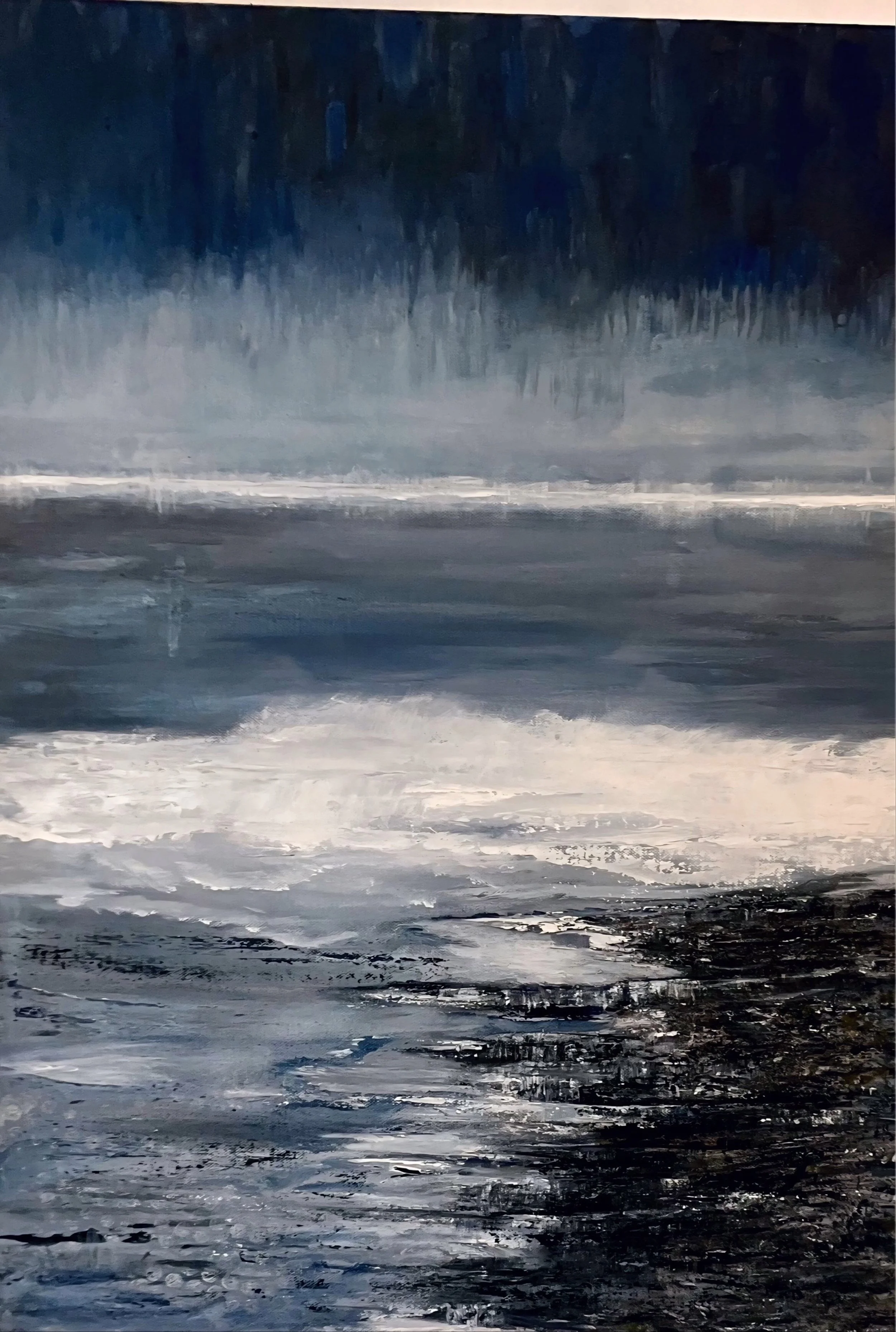 Abstract painting of a seascape with dark blue, gray, and white tones, depicting water and sky with textured brushstrokes.