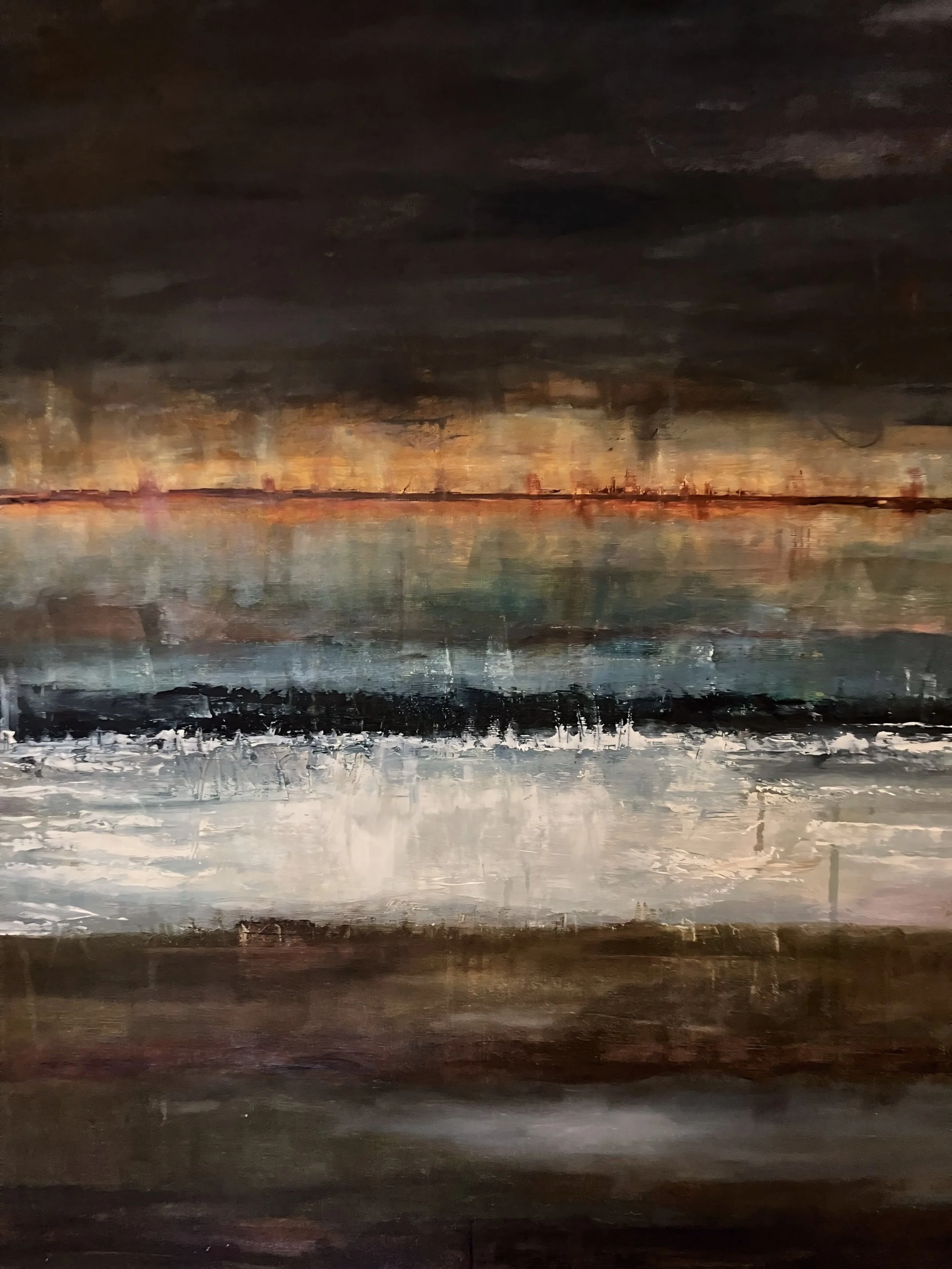 Abstract painting with horizontal streaks of mostly dark colors, with hints of white, blue, green, brown, and orange.