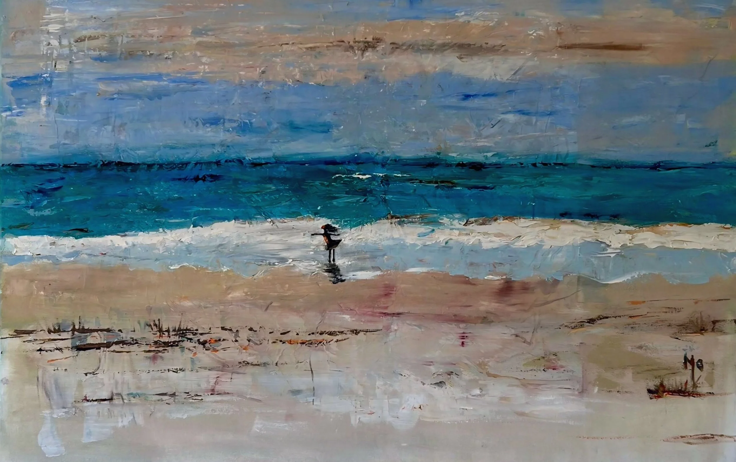 An impressionist painting of a beach scene with a person standing near the water, ocean waves, and a cloudy sky.
