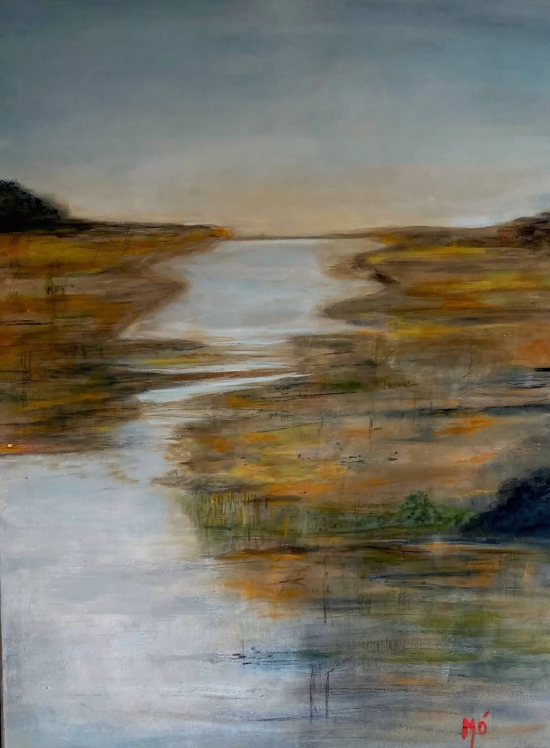 A peaceful landscape painting of a river flowing through a wide, open field with distant hills and trees under a muted, cloudy sky, signed 'Mo' in red in the bottom right corner.