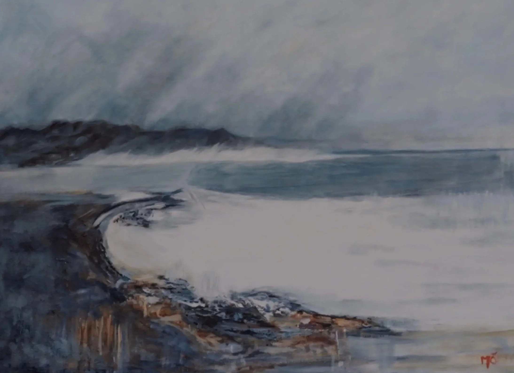 A painting of a coastal landscape with waves crashing against rocks on a cloudy day.