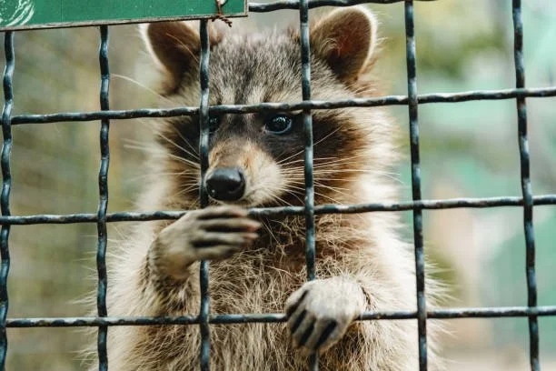 A young raccoon behind a metal wire fence, touching it with its paw.